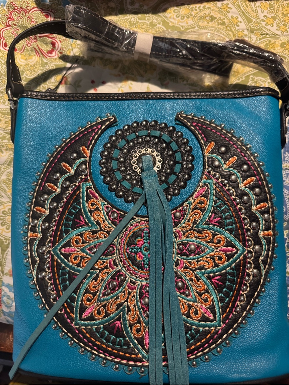 Teal Embroidered Tassel Crossbody Bag with Boho Medallion